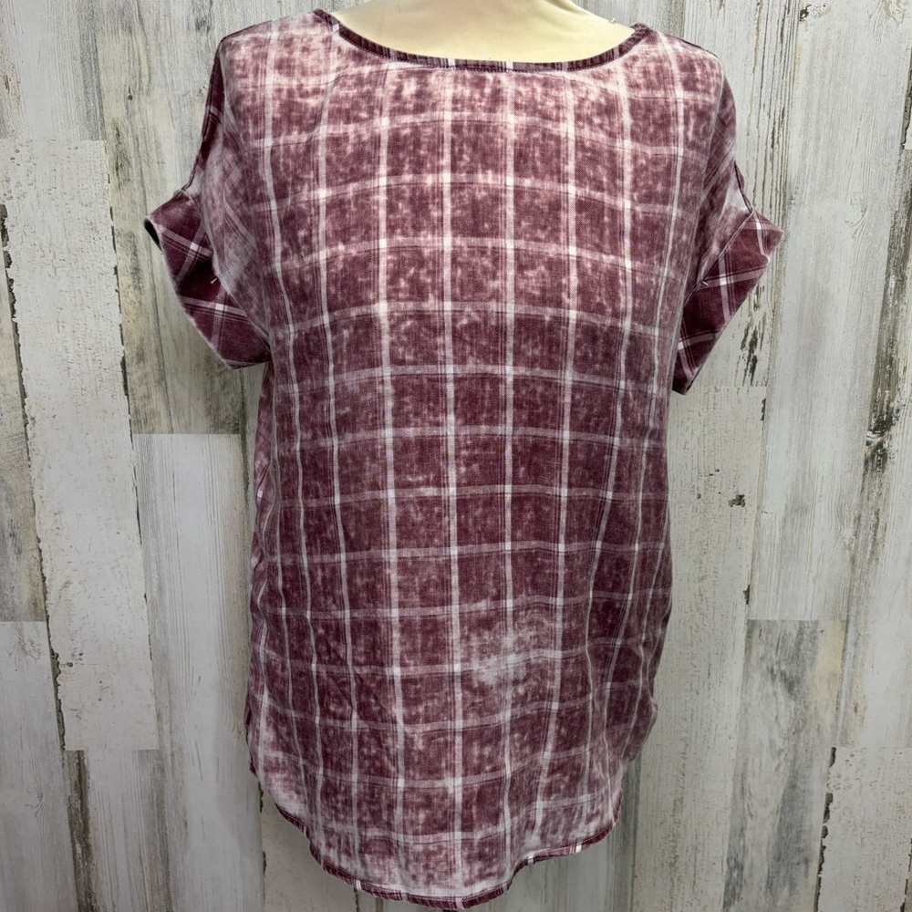 Rock & Republic Strappy Ladder Back Burgundy Plaid Short Sleeve Top